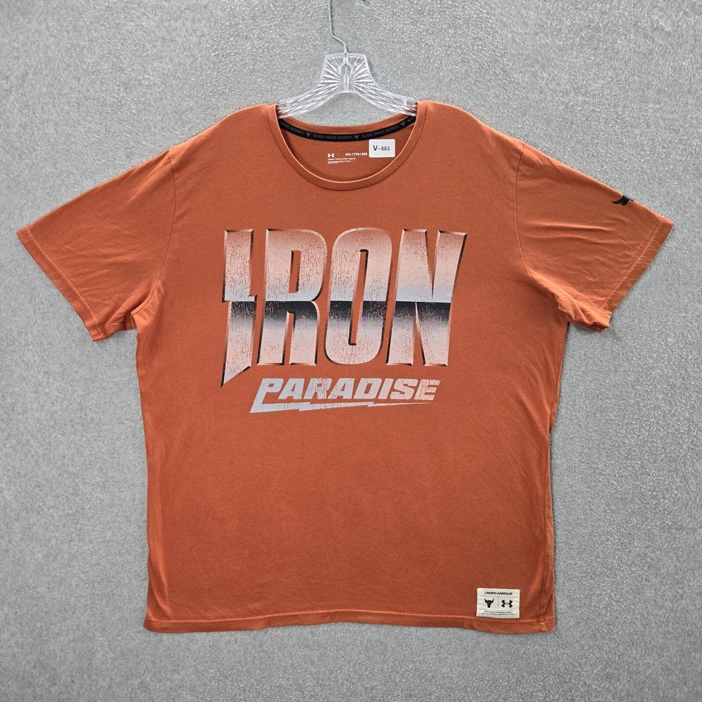 Project Rock Men Shirt 2XL Orange Logo Iron Paradise Under Armour Short Sleeve
